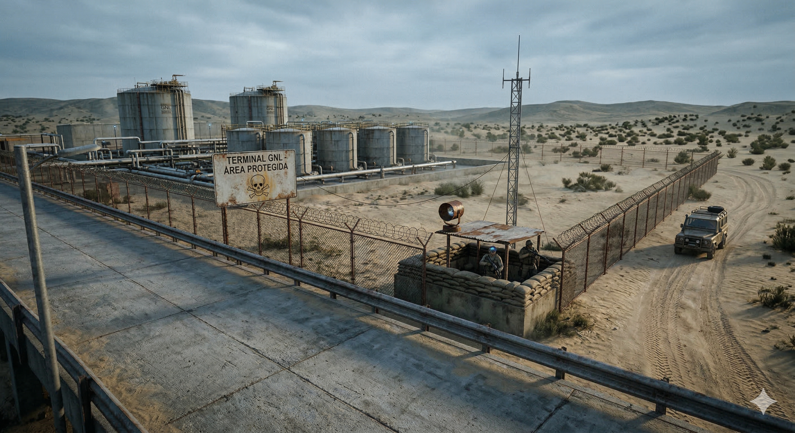 Asset energetico vulnerabile e protetto in un contesto costiero remoto in Africa (Mozambico GNL). L'immagine illustra il rischio di sabotaggio terroristico dell'ISIS e la resilienza delle supply chain globali