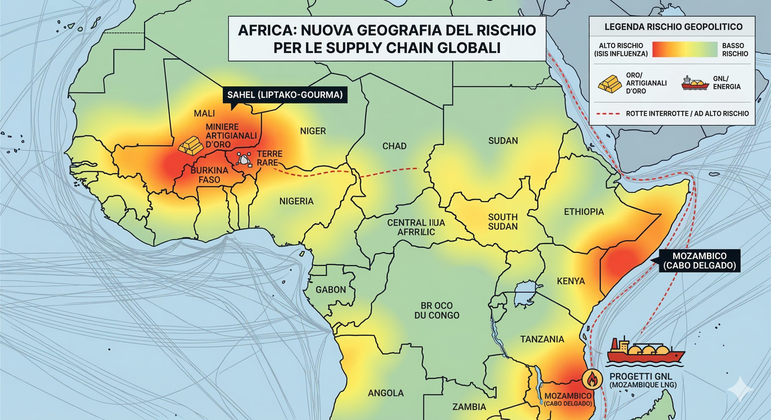 Mappa del rischio geopolitico in Africa: aree di influenza dell'ISIS e minaccia alle rotte dei giga-projects GNL in Mozambico e delle materie prime nel Sahel